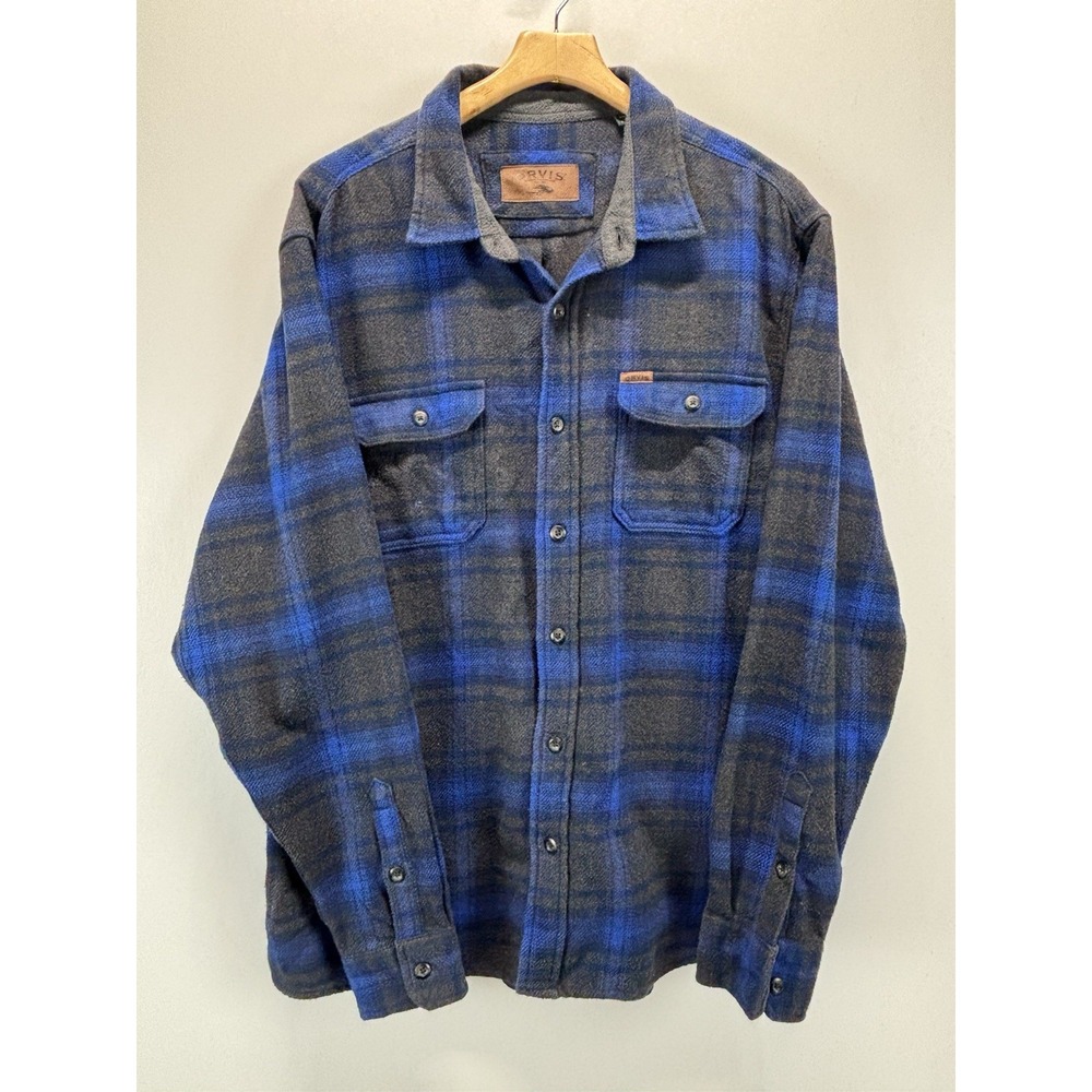 Orvis Heavyweight Flannel Shirt Jacket Shacket Sz XXL 2XL Men Blue Grey Outdoor
